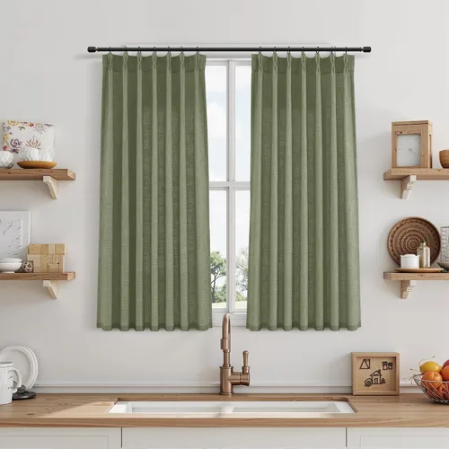 Miniatura 70 de Juego de 2 paneles de cortinas de ventana de cocina beige de 24 pulgadas de largo, con textura de lino, plisadas, filtrantes de luz, semi pequeñas