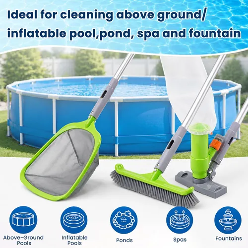 Miniatura 7 de Sepetrel Kit de limpieza de piscina de lujo con aspiradora de chorro, cepillo, red de skimmer semi-profunda y poste ajustable de 57.5 pulgadas