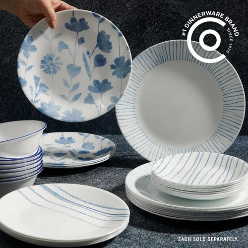 Miniatura 2 de Corelle 6 piezas de platos de vidrio Vitrelle de 8.5" para almuerzo, ligeros, resistentes a los arañazos - Rayas botánicas
