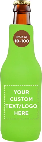 Paquete de 100 botellas de cerveza de neopreno con cremallera, texto personalizable, logotipo, parte inferior de goma de piel de tiburón, color