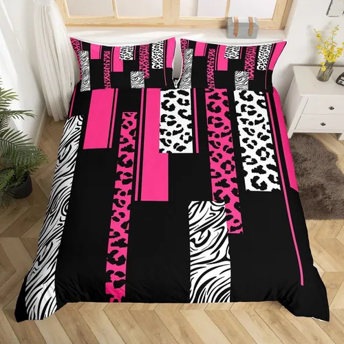 Miniatura 9 de Juego de ropa de cama con estampado de cebra de leopardo, tamaño Queen, para niños, color verde azulado, blanco, negro, juego de funda de edredón