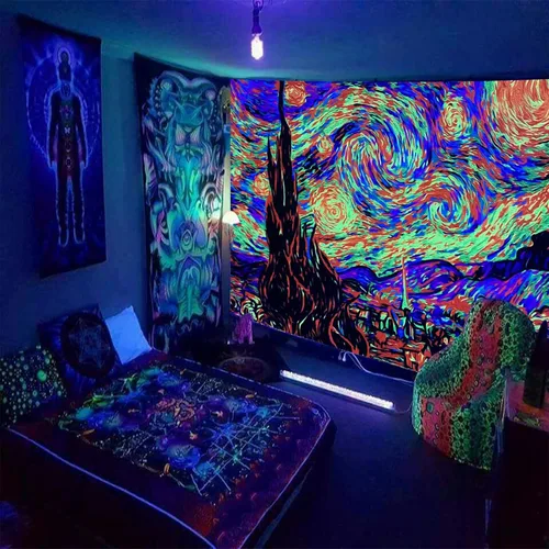 Miniatura 2 de PSYHILAR Van Gogh Tapiz UV Luz Negra para Dormitorio, Telón de Fondo Noche Estrellada Pósteres de Luz Negra para Adultos y Adolescentes