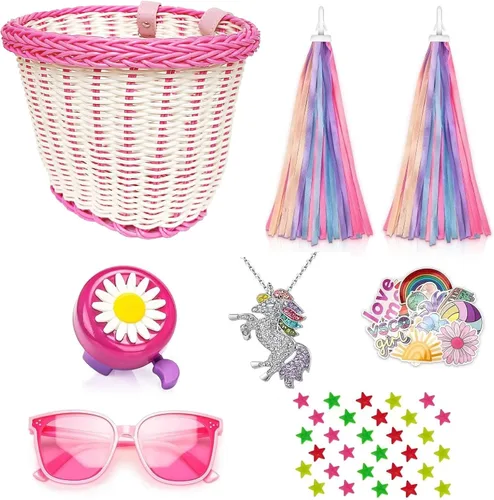 Miniatura 10 de Cesta de bicicleta para manillar para niñas con collar de unicornio, campana, serpentinas, cuentas de rueda, lentes de sol, calcomanías, juego