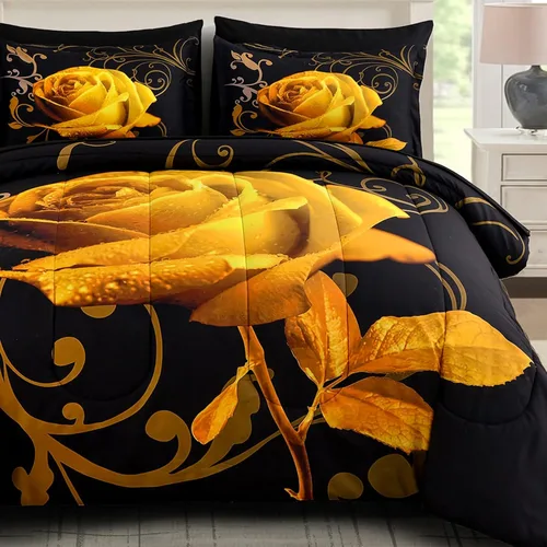 Miniatura 14 de WONGS BEDDING - Juego de edredón azul tamaño Queen de 7 piezas, juego de ropa de cama en una bolsa con patrón de rosas, juegos de ropa de cama