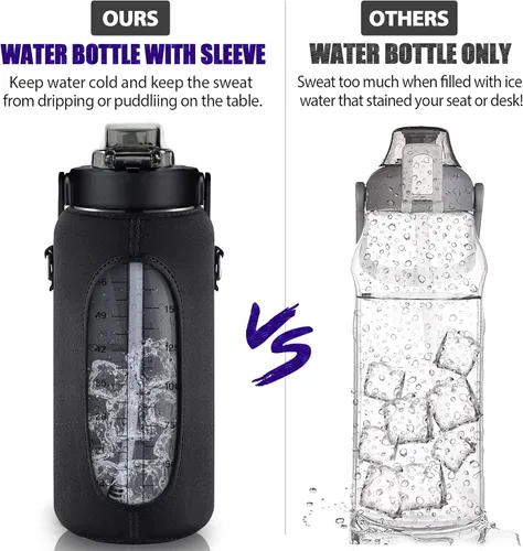 Miniatura 4 de Botella de agua de medio galón con manga, botella de agua motivacional de 64 onzas con popote y marcador de tiempo, botella de agua grande para Negro