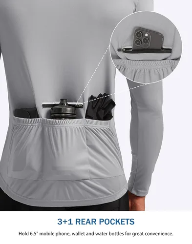 Miniatura 3 de Bikewa Maillot de ciclismo para hombre con 3+1 bolsillos traseros con cremallera, manga larga, absorción de humedad, UPF 50+ media cremallera