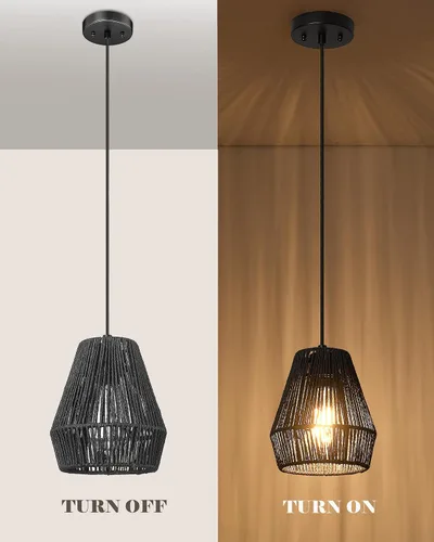 Miniatura 5 de Lámparas Colgantes Tejidas, ELYONA Lámpara Colgante Costera de Granja de 7 pulgadas con Pantalla de Cesta de Ratán Tejida a Mano en Negro Mate