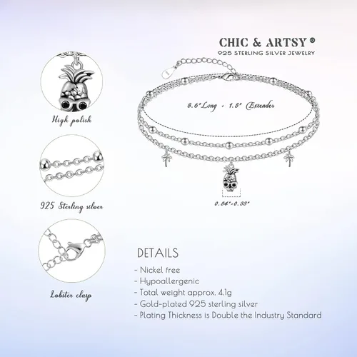 Miniatura 47 de CHIC & ARTSY Tobilleras de plata de ley S925 para mujer, pulsera de tobillo ajustable multicapa para playa, joyería de verano para mujer, de 10 a 11