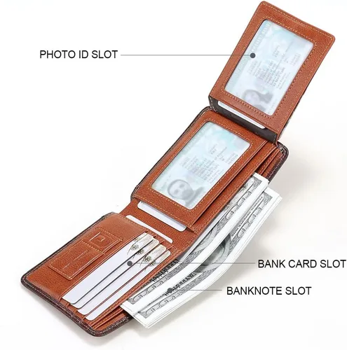 Miniatura 22 de Billetera de piel triple con bloqueo RFID para hombre con 2 ventanas de identificación, 2 compartimentos para efectivo, 6-8 ranuras para tarjetas