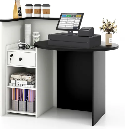 Miniatura 10 de Giantex Escritorio de recepción, mostrador delantero con cajón con cerradura, mesa de pago con mesa redonda, estante de esquina y estante ajustable
