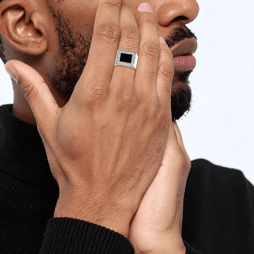 Miniatura 4 de Anillo de plata de ley 925 para hombre con circonita cúbica y ónix negro