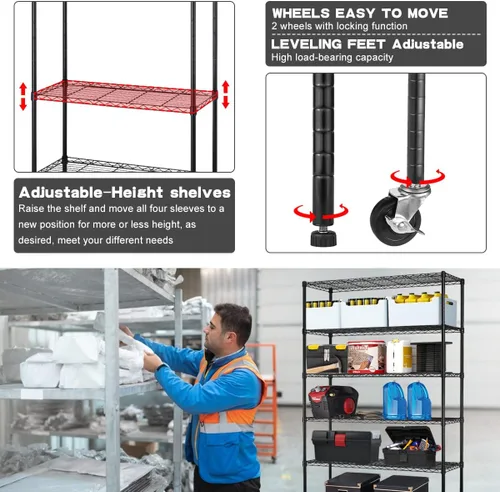 Miniatura 7 de Estantería de alambre resistente de 6 niveles, capacidad de 6000 libras, estante de almacenamiento de metal NSF ajustable con ruedas, 48 pulgadas