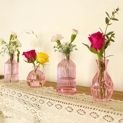 Miniatura 4 de Jarrón rosa, juego de 12 jarrones pequeños de vidrio rosa para flores, moderno jarrón de vidrio acanalado para decoración de boda, florero de flores
