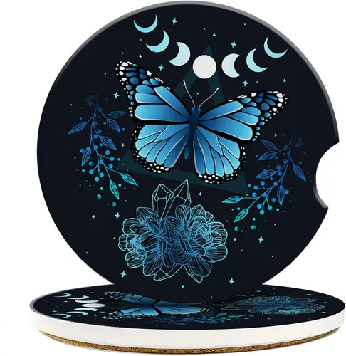 Posavasos para Taza de Automóvil Mariposa Signo Místico Abstracto Azul Posavasos de Automóvil para Portavasos Universal Antideslizante Cerámica