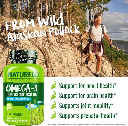 Miniatura 2 de NATURELO Suplemento de aceite de pescado omega 3 sin eructos, 1100 mg de triglicéridos omega-3, EPA + DHA, para corazón, ojos, cerebro, salud