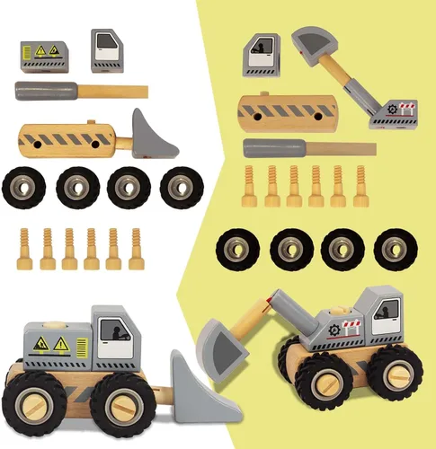 Miniatura 3 de Vehículos de construcción para niños pequeños, 2 piezas desmontables de madera, excavadora y excavadora, juguetes de vehículos para niños de 3 años