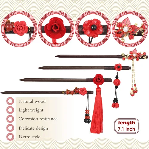 Miniatura 3 de Waydress 4 piezas de accesorios asiáticos para mujer, palillos chinos japoneses para el cabello, pinzas de geisha retro, horquillas de madera