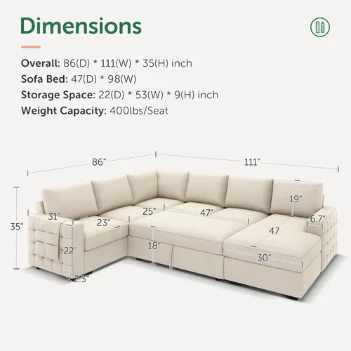 Miniatura 2 de HONBAY Sofá seccional con cama extraíble, sofá cama seccional con almacenamiento, sofás en forma de U para sala de estar, terciopelo beige