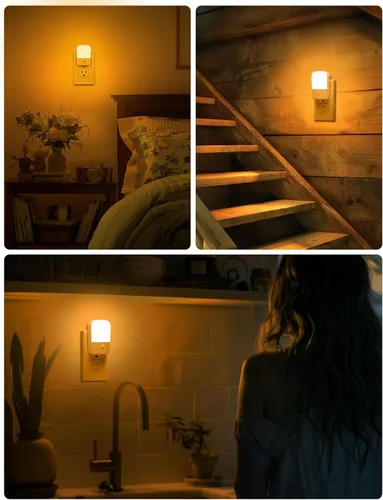 Miniatura 5 de Luces nocturnas ámbar enchufables a la pared, paquete de 2 luces LED de noche para dormitorio con sensor de atardecer a amanecer, brillo ajustable