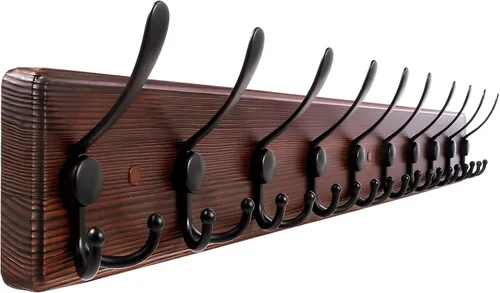Miniatura 10 de Kuhome Perchero de madera para colgar sombreros de pared, tablón de madera real de pino de 16.9 pulgadas, color marrón, con 5 ganchos triples