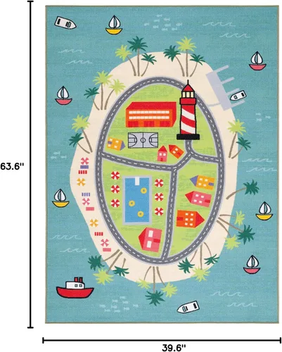 Miniatura 2 de SAFAVIEH Alfombra lavable para niños, colección de casas de juegos, 3 pies 3 pulgadas x 5 pies 3 pulgadas, azul y verde, antideslizante y fácil