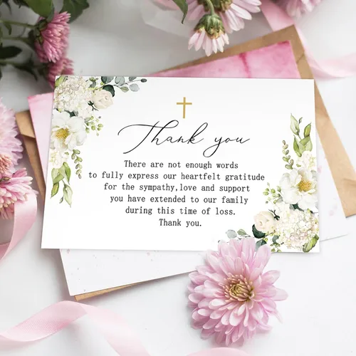 Miniatura 6 de AnyDesign Paquete de 48 tarjetas de agradecimiento fúnebres con calcomanías, sobres, tarjeta de duelo con cruz de flores con mensaje para servicio