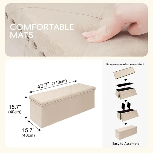 Miniatura 3 de PINPLUS Banco Otomán de Almacenamiento Plegable, Taburete Reposapiés Plegable de Terciopelo Acolchado con Remache, Banco para Pie de Cama, Baúl