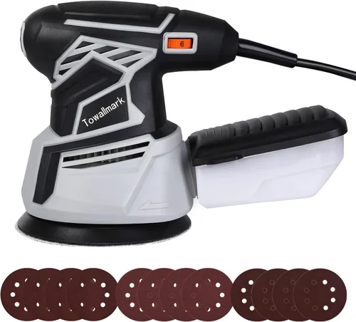 Towallmark - Lijadora orbital, lijadora orbital aleatoria de 350 W 2.6 A con 6 velocidades variables, 13000 RPM, 12 papeles de lija, sistema de