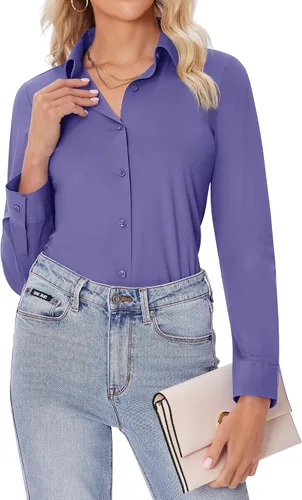 Miniatura 30 de siliteelon Camisas con botones para mujer, ajustadas, de manga larga, elásticas, de vestir, camisas de trabajo, sin arrugas, blusas de oficina