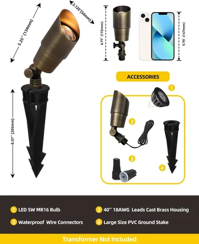 Miniatura 4 de COLOER Foco de bajo voltaje de latón fundido a presión, paquete de 1 con carcasa de aluminio de 5 W, bombilla LED MR16 2700K 450LM CRI85+, 12V AC/DC