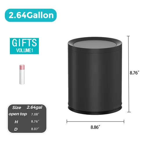 Miniatura 6 de Cubo de basura de metal moderno de 2.6 galones/10L para baño con tapa, lujo ligero, elegante cesta de residuos, cubo de basura negro, para baño