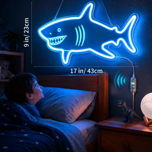 Miniatura 2 de Letrero de neón de tiburón con sensor de movimiento, letrero de neón LED azul hielo con 3 modos regulables, tablero acrílico decoración de tiburón