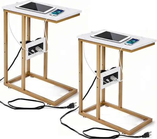 Miniatura 12 de VECELO Mesa auxiliar en forma de C con estación de carga y tomas de corriente para sofá, cama, bandeja de TV con marco de metal para sala de estar