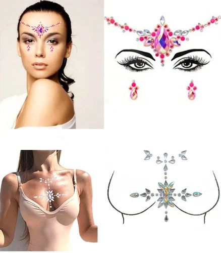 Gemas de cara de sirena con diamantes de imitación, joyería para el cuerpo, tatuaje, calcomanías de cuerpo rosa, gemas de pecho para mujeres y Cara