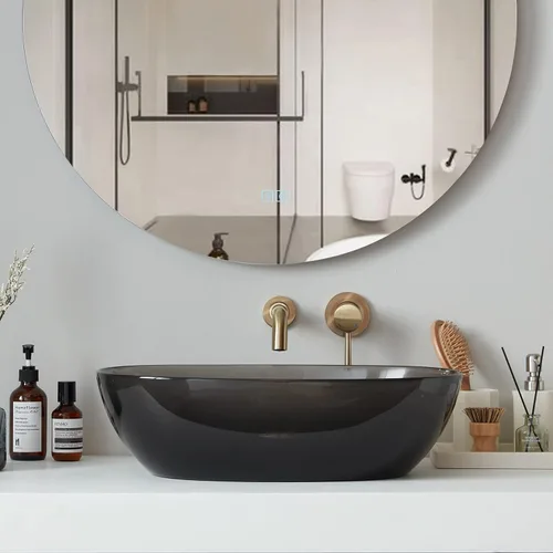 Miniatura 2 de Cpingao Fregadero ovalado translúcido de 23 x 15 pulgadas para gabinete, encimera de resina de piedra en forma de barco para lavabo con drenaje Negro