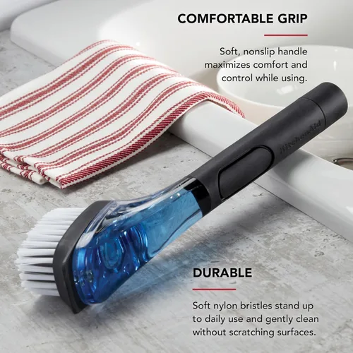 Miniatura 4 de KitchenAid Cepillo dispensador de jabón para fregadero con mango fácil de llenar, cerdas de nailon para una limpieza resistente, mango de agarre