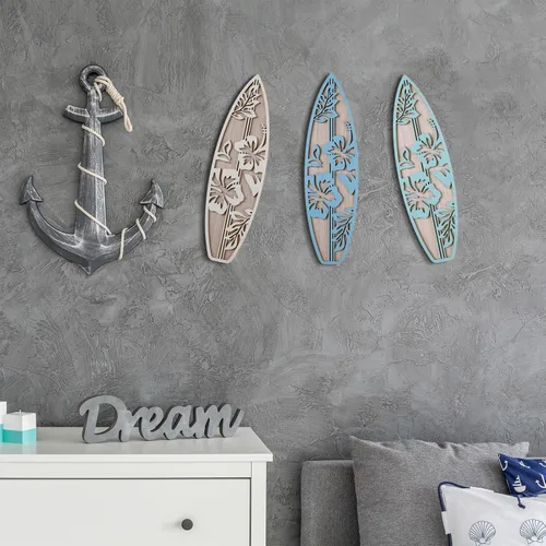 Miniatura 7 de RattanView 3 piezas de decoración de tabla de surf para dormitorio, decoración de pared de playa de madera, tabla de surf de madera de verano