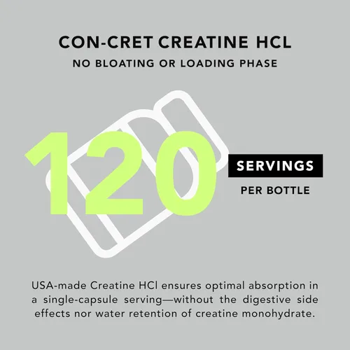 Miniatura 7 de AMANDEAN Píldoras de creatina HCl. CON-CRET fabricado en Estados Unidos. 120 cápsulas. 7X concentrado frente a polvo monohidrato. Sin hinchazón.