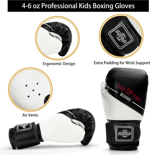 Miniatura 3 de Juego de 3 en 1 de guantes de boxeo y mitones de golpeo para niños, guantes de boxeo deportivos con almohadillas para manos y vendas, juego
