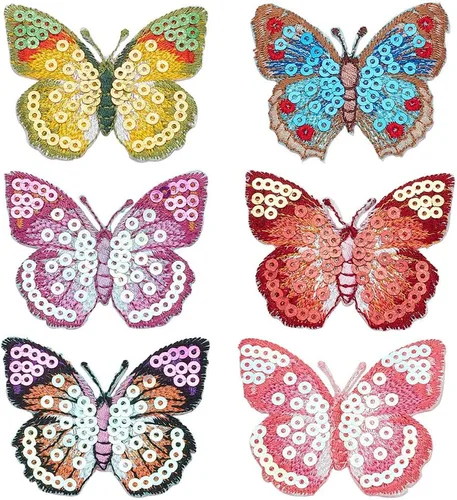 INFUNLY 6 parches de lentejuelas para planchar con mariposas, 6 colores, parches de bordado, insignias para ropa, bolsos, chaquetas, pantalones,