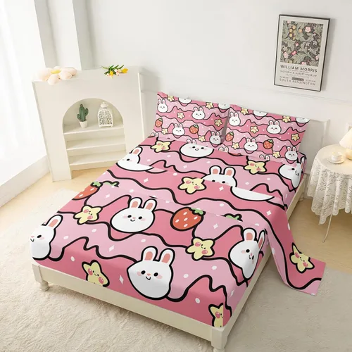 Miniatura 2 de QOOMO Sábanas Kawaii de Conejo para Niños Tamaño Twin, Juego de Sábanas de Cama Kawaii Bunny con Bolsillo Profundo de 16", Juego de Sábanas