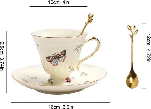 Miniatura 6 de Juego de taza de té y platillo de porcelana, taza de café de cerámica de 8.5 onzas líquidas con platillo y cuchara, taza de café vintage con ribete