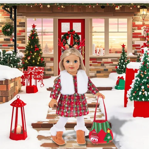 Miniatura 7 de ebuddy Ropa y accesorios para muñecas de 18 pulgadas, juego de disfraz de Navidad que incluye vestido, chaleco de piel, medias, botas, pinzas