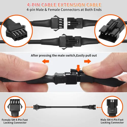 Miniatura 3 de 4 cables de extensión de luces LED RGB de 47 pulgadas/3.93 pies, cable de cable de 4 pines, conector a presión, luces subterráneas, multicolor