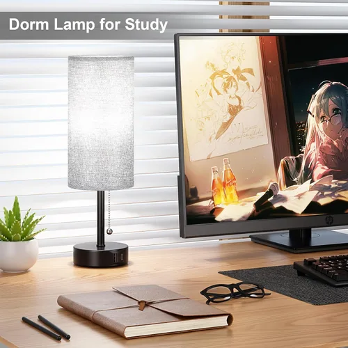 Miniatura 5 de Juego de 2 lámparas de noche grises para dormitorio, lámpara de mesa de noche con puerto de carga USB A + C, 3 temperaturas de color, cadena