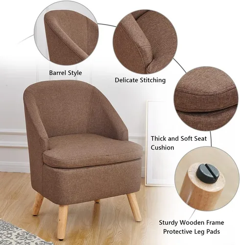 Miniatura 3 de SIMPLEOPULENCE - Silla de barril decorativa para sala de estar, silla de club tapizada de tela moderna con respaldo curvado y patas de madera Marrón