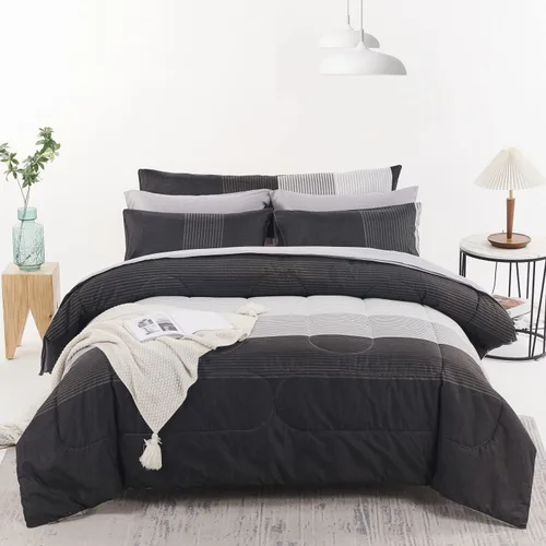 Miniatura 10 de RYNGHIPY Juego de edredón de tamaño matrimonial, color beige y gris, a rayas, para hombres y niños, juego de ropa de cama suave para todas