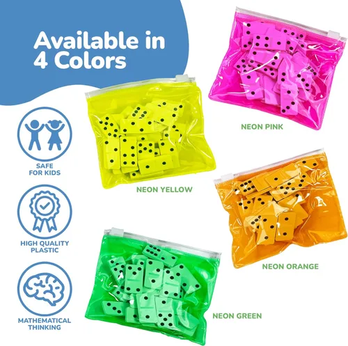 Miniatura 5 de ArtCreativity Juego de dominó – Paquete de 12 – Cada juego de dominó incluye 28 piezas por bolsas rosa neón, amarillo, verde y naranja – Gran