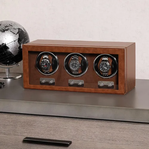 Miniatura 2 de ROTHWELL Bobinadora de reloj triple para relojes automáticos con motor silencioso con múltiples velocidades y ajustes de rotación (bronceadomarrón)