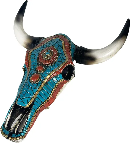 Miniatura 12 de Urbalabs - Escultura de pared de cuernos de calavera de cuerno largo de Texas, animales de taxidermia sintética, decoración de pared occidental